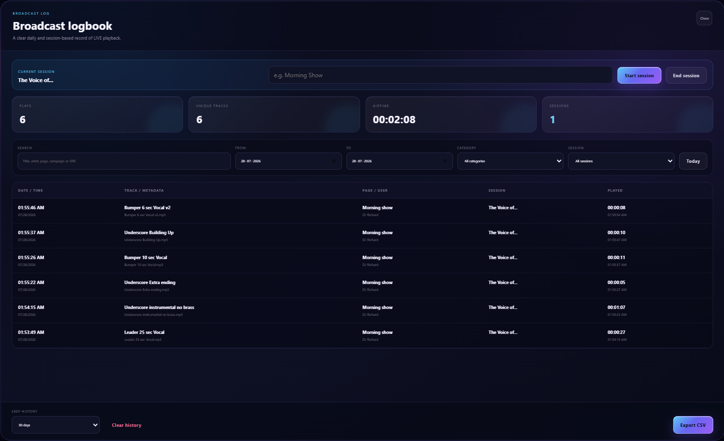 The JingleDeck broadcast logbook, listing every played item with timestamps, titles and playback details