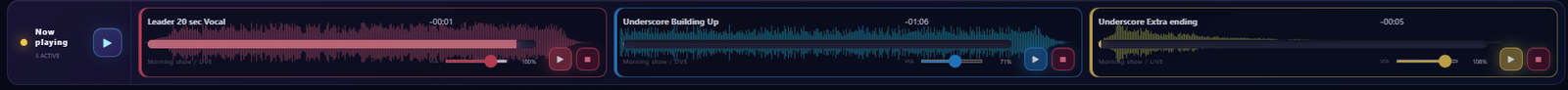 Several JingleDeck jingle players running at the same time, each with its own waveform, elapsed and remaining time and volume control