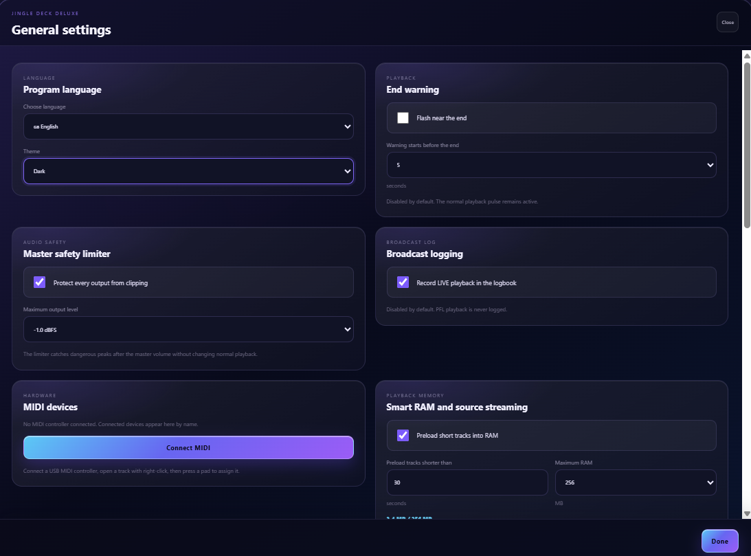 The JingleDeck settings screen, where the LIVE, PFL and GO playback devices are selected